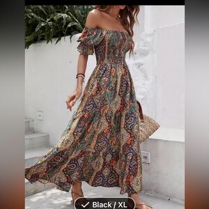 Bohemian Paisley Maxi Dress Off shoulder XL Summer